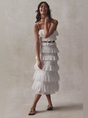 BHLDN Anthropologie White Strapless Tiered Ruffle Lace Midi Dress Boho Bridal M